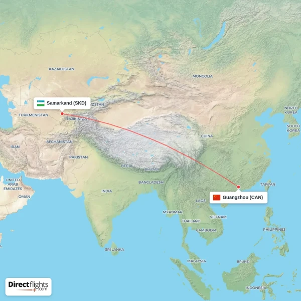 Guangzhou - Samarkand direct flight map