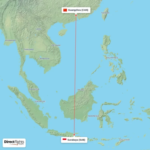Guangzhou - Surabaya direct flight map