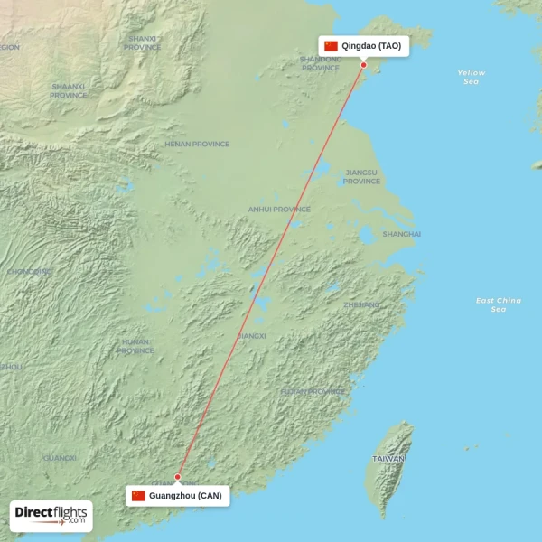 Guangzhou - Qingdao direct flight map