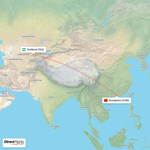 Guangzhou - Tashkent direct flight map