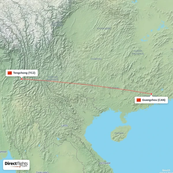 Guangzhou - Tengchong direct flight map