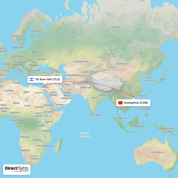 Guangzhou - Tel Aviv-Yafo direct flight map