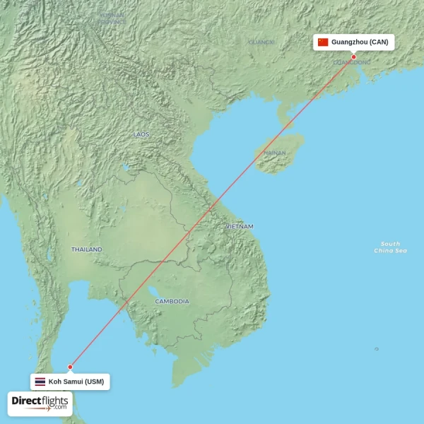 Guangzhou - Koh Samui direct flight map