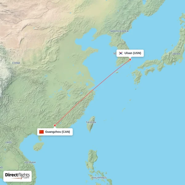 Guangzhou - Ulsan direct flight map