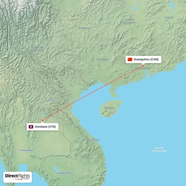 Guangzhou - Vientiane direct flight map