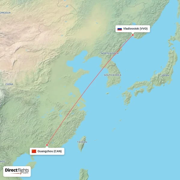 Guangzhou - Vladivostok direct flight map