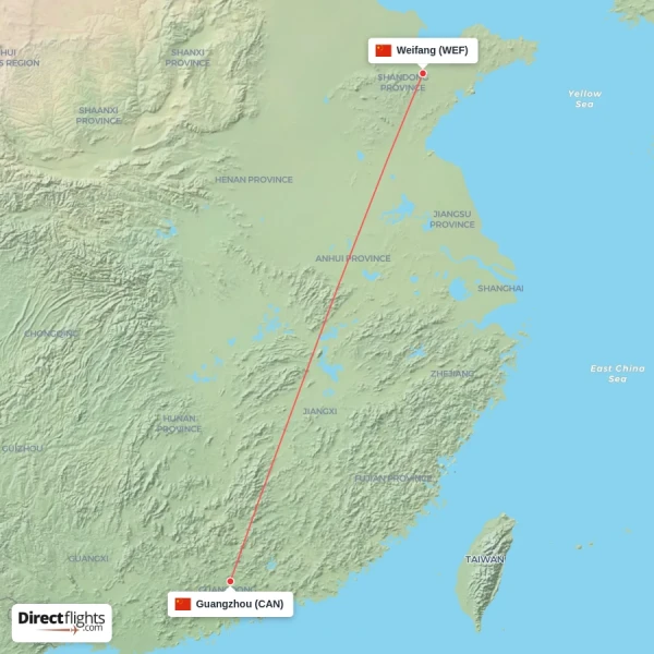 Guangzhou - Weifang direct flight map