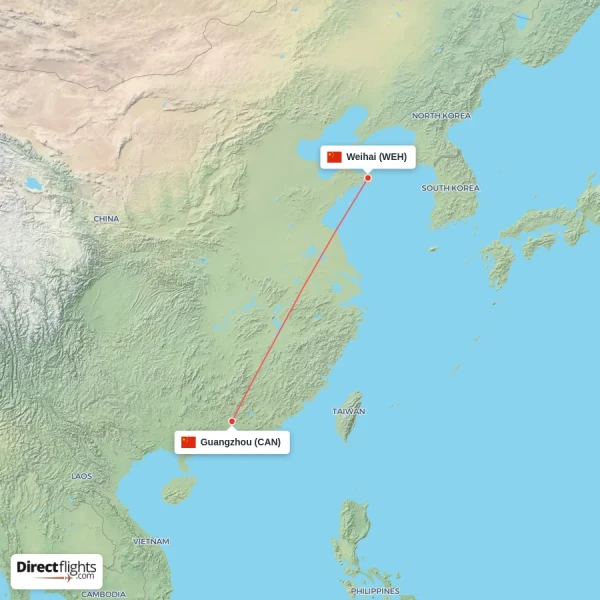 Guangzhou - Weihai direct flight map