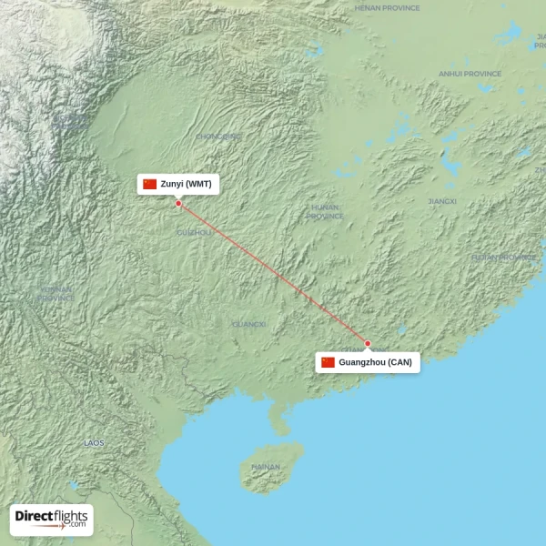 Guangzhou - Zunyi direct flight map