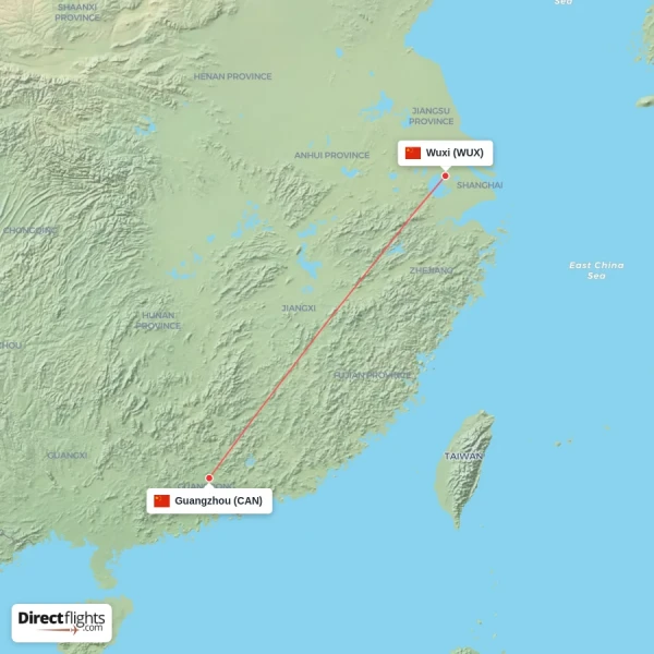 Guangzhou - Wuxi direct flight map