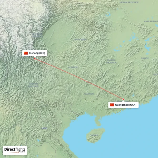 Guangzhou - Xichang direct flight map