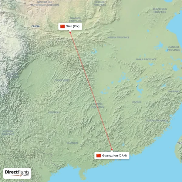 Guangzhou - Xian direct flight map