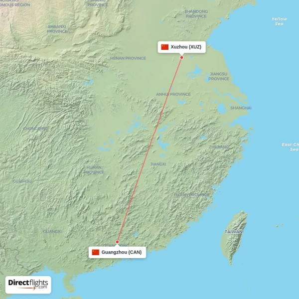 Guangzhou - Xuzhou direct flight map