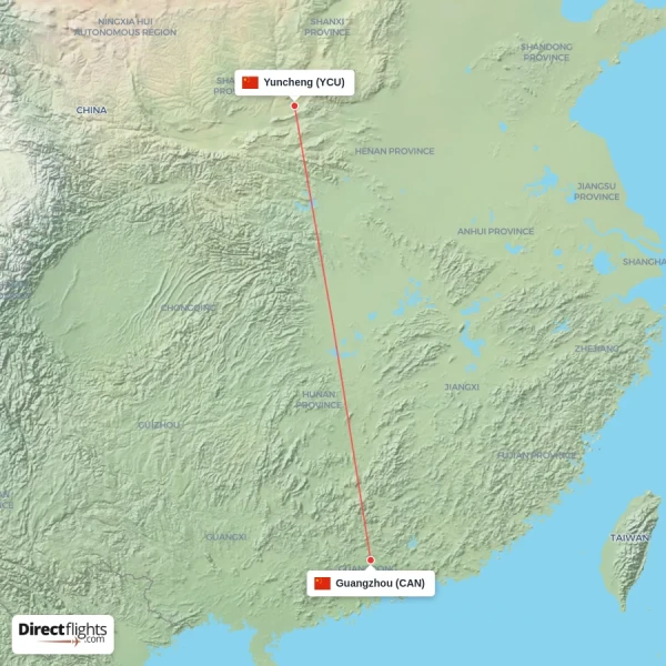Guangzhou - Yuncheng direct flight map
