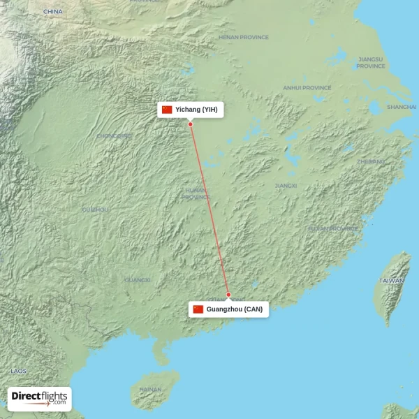 Guangzhou - Yichang direct flight map