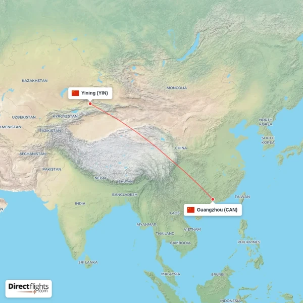 Guangzhou - Yining direct flight map
