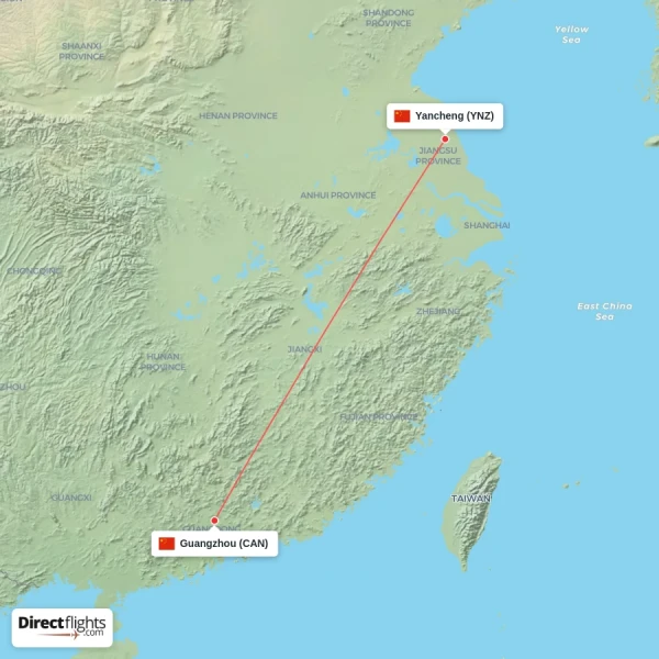 Guangzhou - Yancheng direct flight map