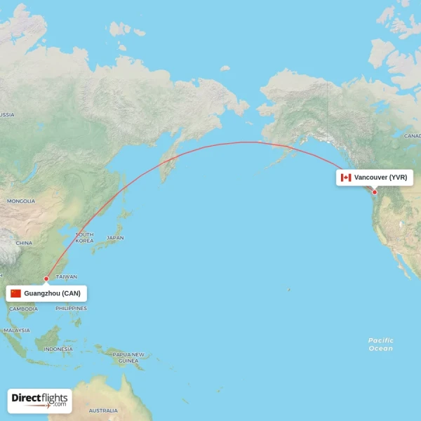 Guangzhou - Vancouver direct flight map