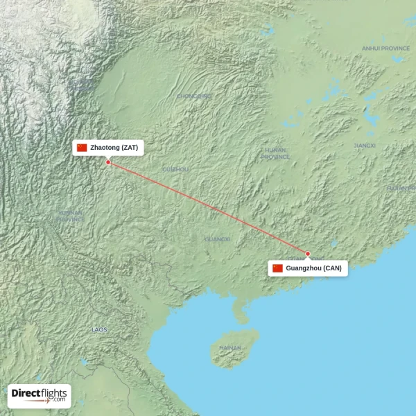 Guangzhou - Zhaotong direct flight map