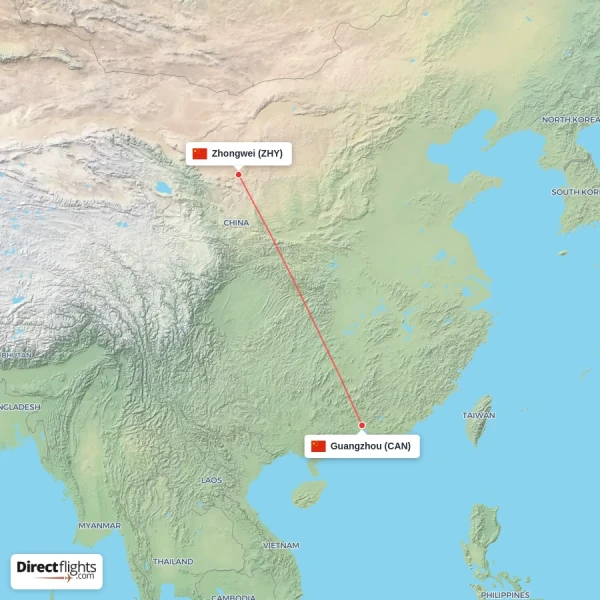 Guangzhou - Zhongwei direct flight map