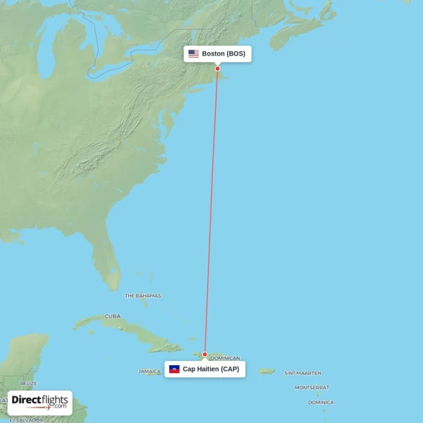 Cap Haitien - Boston direct flight map