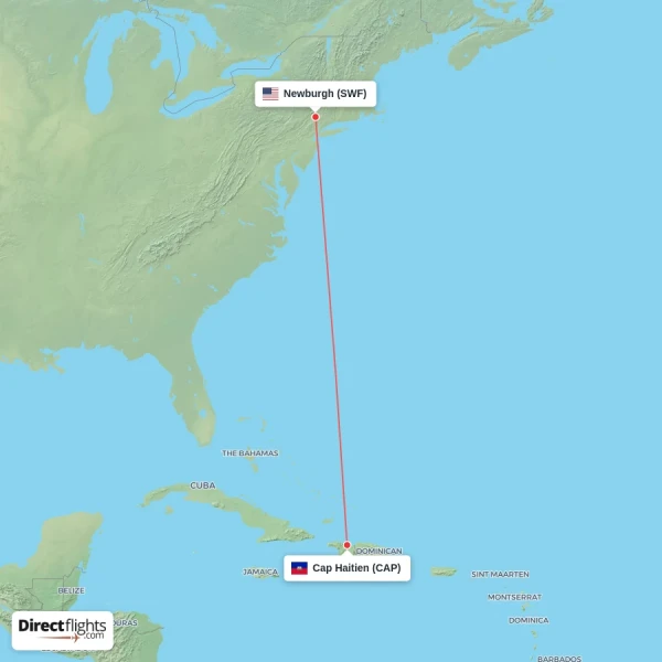 Cap Haitien - Newburgh direct flight map