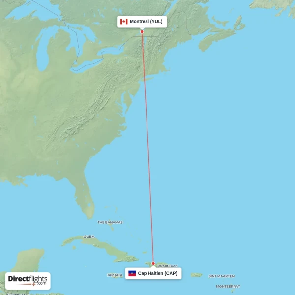 Cap Haitien - Montreal direct flight map