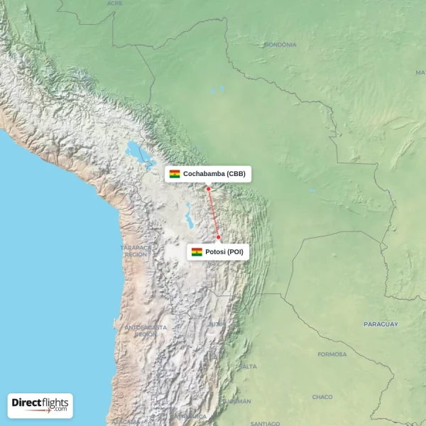 Cochabamba - Potosi direct flight map