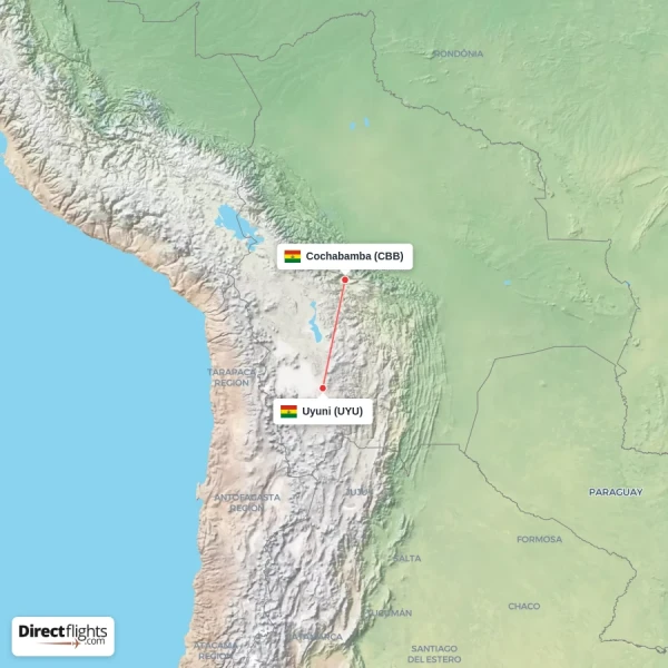 Cochabamba - Uyuni direct flight map
