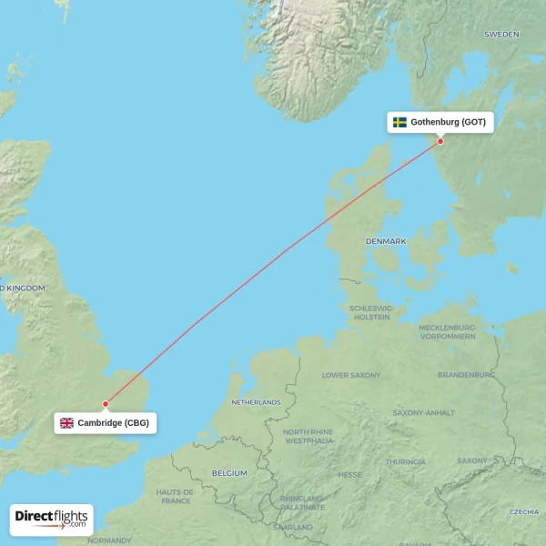 Cambridge - Gothenburg direct flight map