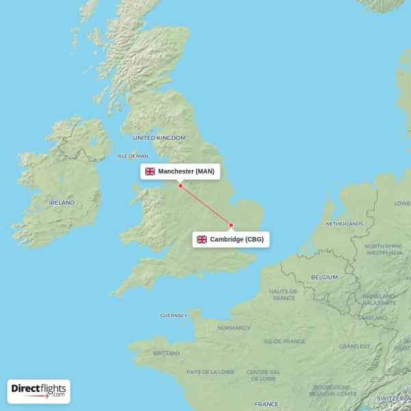 Cambridge - Manchester direct flight map