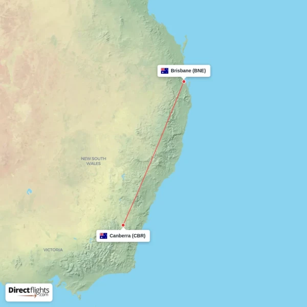 Canberra - Brisbane direct flight map