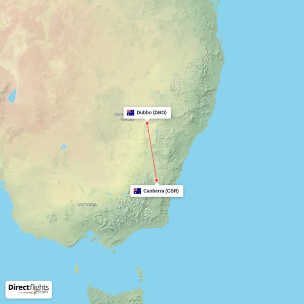 Canberra - Dubbo direct flight map
