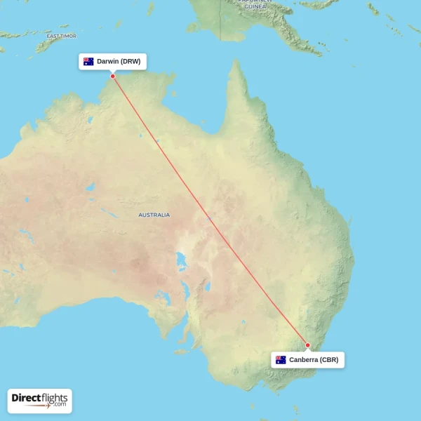 Canberra - Darwin direct flight map
