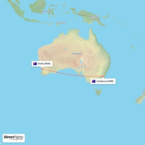 Canberra - Perth direct flight map