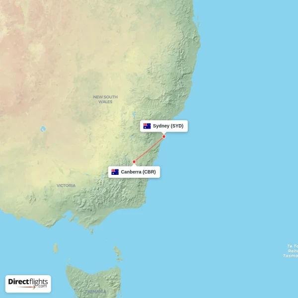 Canberra - Sydney direct flight map