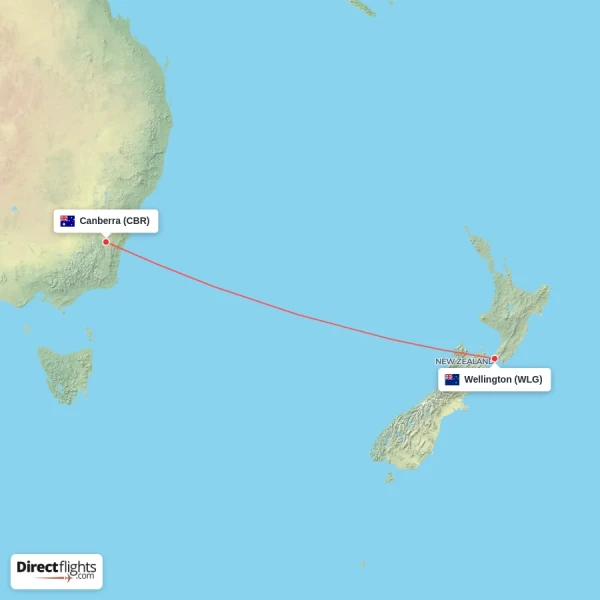 Canberra - Wellington direct flight map