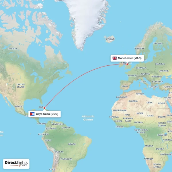 Cayo Coco - Manchester direct flight map