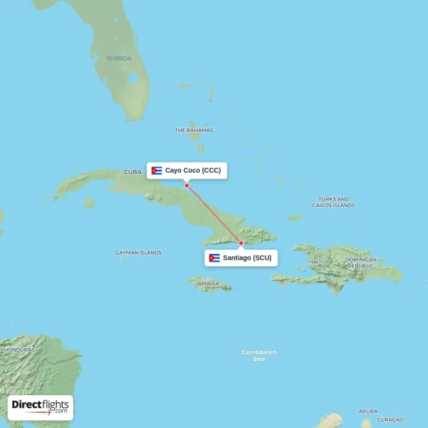 Cayo Coco - Santiago direct flight map
