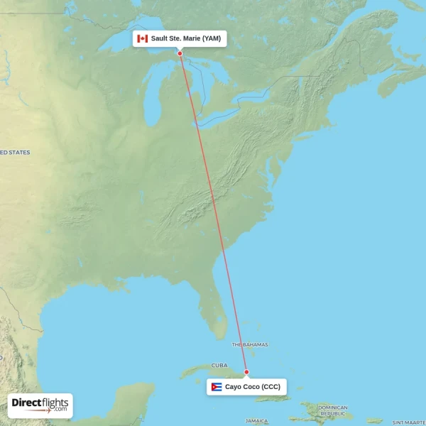 Cayo Coco - Sault Ste. Marie direct flight map