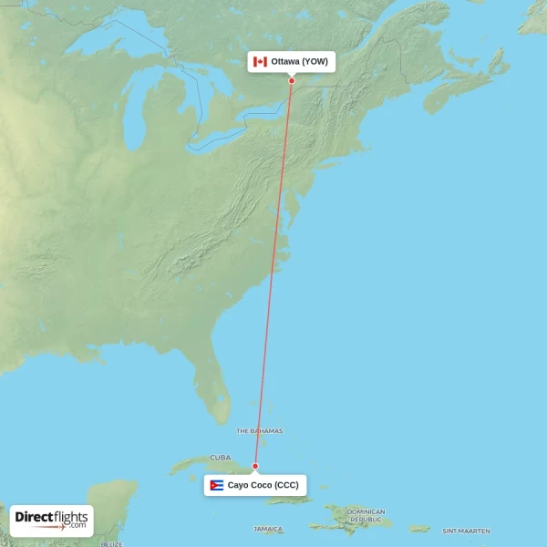 Cayo Coco - Ottawa direct flight map