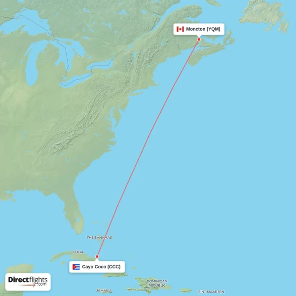 Cayo Coco - Moncton direct flight map