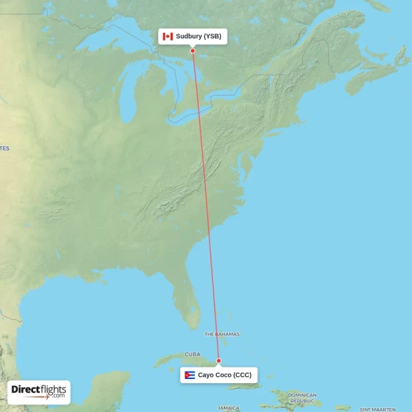 Cayo Coco - Sudbury direct flight map