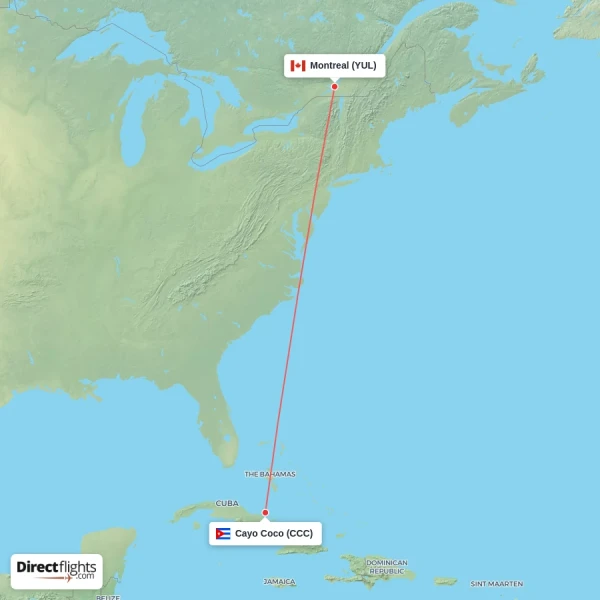 Cayo Coco - Montreal direct flight map