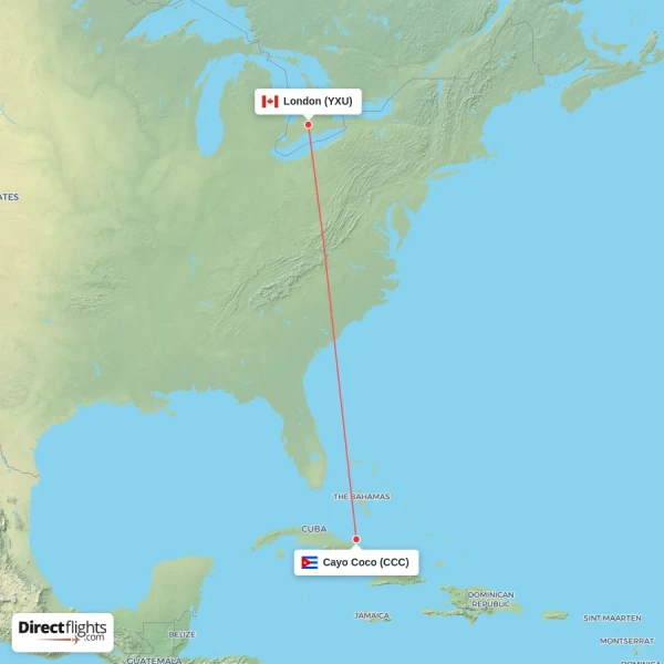 Cayo Coco - London direct flight map