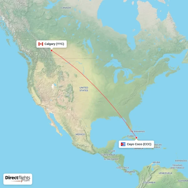 Cayo Coco - Calgary direct flight map