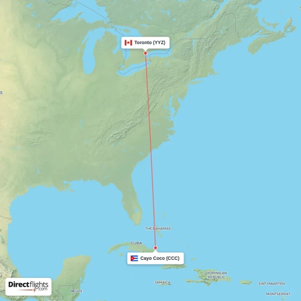 Cayo Coco - Toronto direct flight map