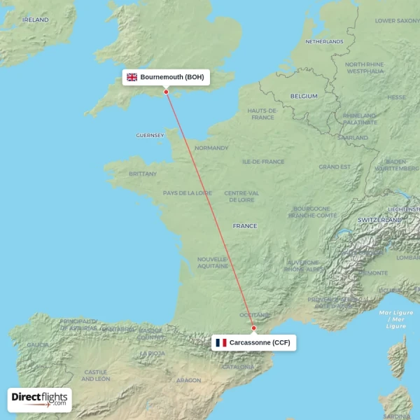 Carcassonne - Bournemouth direct flight map