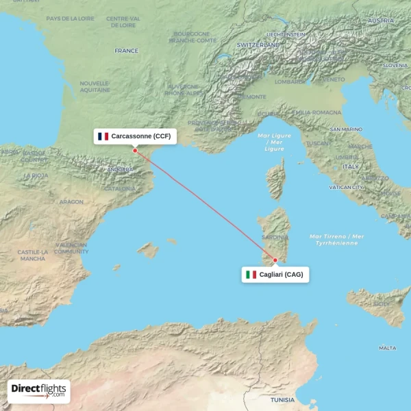 Carcassonne - Cagliari direct flight map