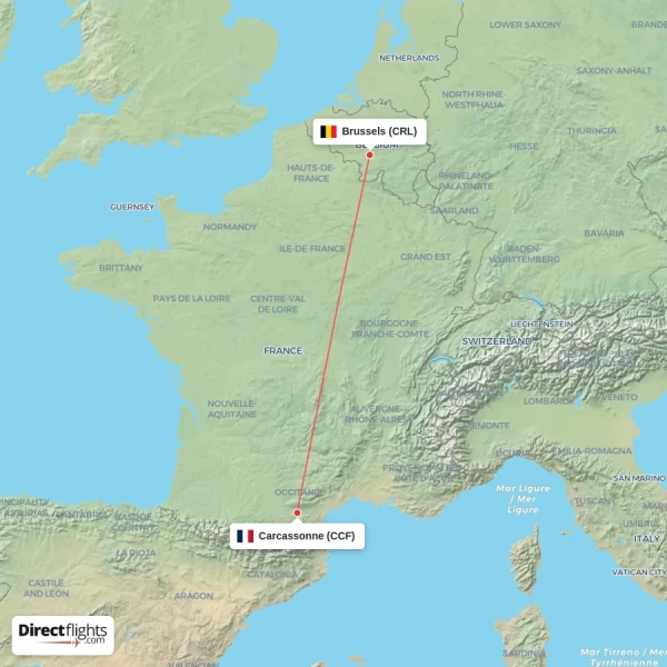 Carcassonne - Brussels direct flight map